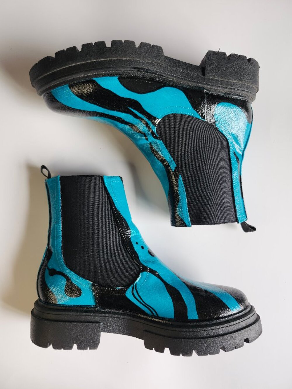 Turquoise Blue + Black Hand painted Custom Platform Chelsea Moto Boots Sz9
